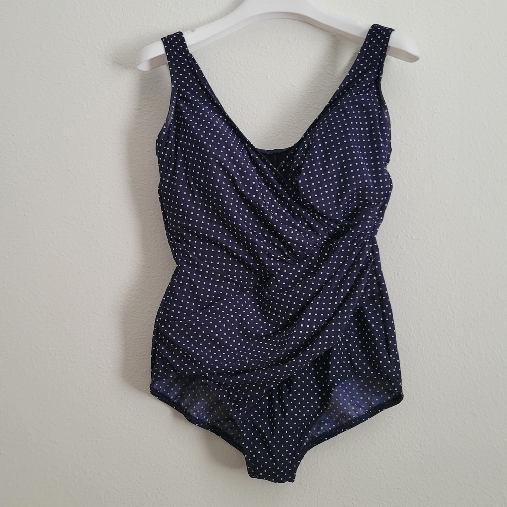 Miraclesuit One Piece Swimsuit Woments 18W Navy White Polka Dot Surplice Tummy